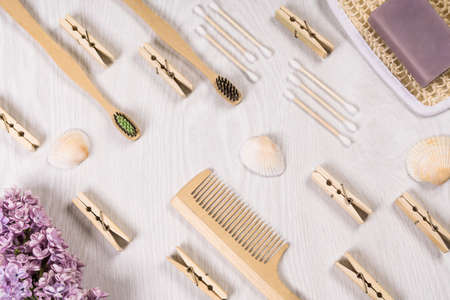 Zero waste concept. Sustainable lifestyle. Plastic free concept. Natural environmentally friendly bamboo toothbrush, handmade detergent, bathroom essentials in a sustainable lifestyle.の写真素材