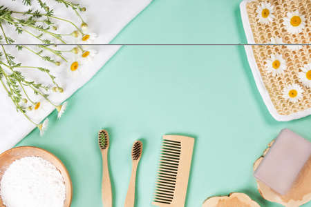 Natural eco-friendly bamboo toothbrush, handmade soap, bathroom essentials in a sustainable...