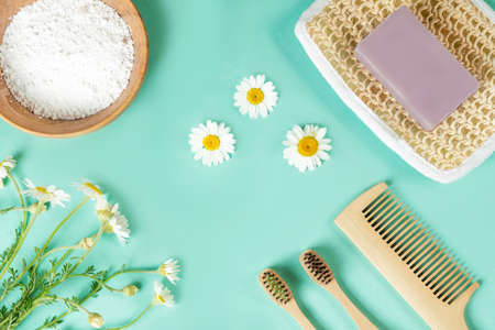 Natural eco-friendly bamboo toothbrush, handmade soap, bathroom essentials in a sustainable lifestyle. Zero waste living concept. Sustainable lifestyle.の写真素材