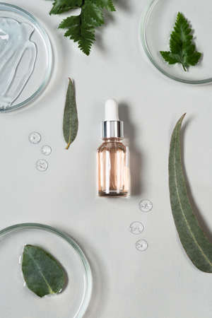 Bottle of cosmetics on a pastel green background with eucalyptus leaves. Natural cosmetics from herbal ingredients. Herbs and essential oils in cosmetics.の写真素材