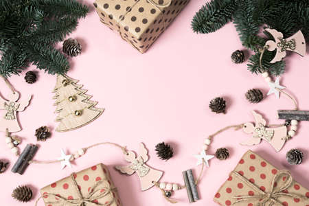 New Years composition. Christmas colorful shiny decorations Christmas tree on a light background.の写真素材