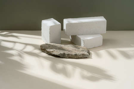 Background, stone podium on a pastel green background shadow of a palm tree. Product promotion....
