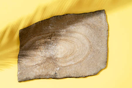 Flat lay podium made of natural stone on a yellow background and a shadow from a palm tree. Flat lay...
