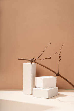 Podium made of natural stone with the shadow of a tropical leaf on the background for cosmetics, natural products. Beautiful background from natural materials.の写真素材