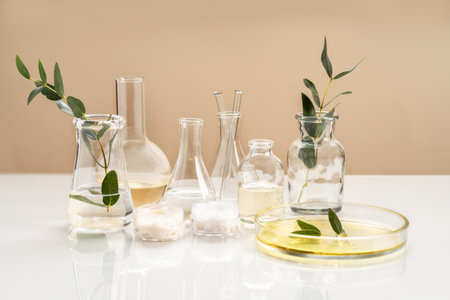 Alternative natural medicine and glassware, flasks and petri bowl. Alternative medicine herbs. natural beauty skin care products. concept research and developmentの写真素材