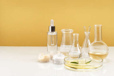 Alternative natural medicine and glassware, flasks and petri bowl. Alternative medicine herbs....