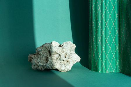 Composition empty podium material tree and stone. product presentation. Background beige green....