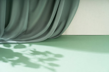 Composition empty podium material tree stone dry flowers. Beautiful green background made of natural materials for product presentationの写真素材