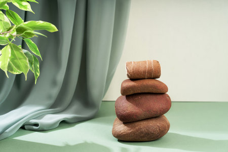 Composition empty podium material tree stone dry flowers. Beautiful green background made of natural materials for product presentationの写真素材