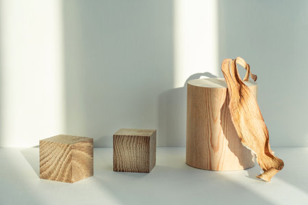 Composition empty podium material wood and dry flowers. Beautiful pastel background made of natural materials for the presentation of your productの写真素材