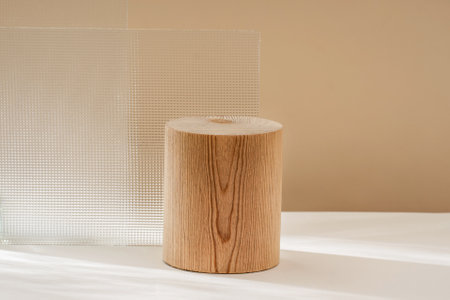 Composition empty podium material wood and glass geometric shape. Pastel beige background. Beautiful background made of natural materials for product presentationの写真素材