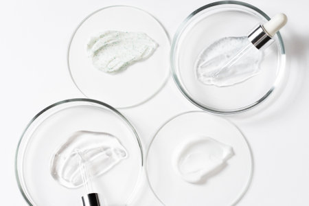 Drops and smears of cosmetics, pipette and petri dish. Drops of liquid transparent gel with bubbles on a white background. cosmetic backgroundの写真素材