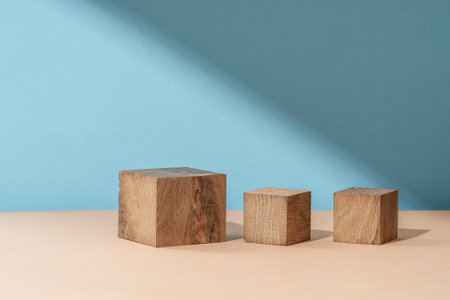 Podium natural wood material on a natural dry autumn leaf in the shade of a blue background. beauty cosmetic wooden display. Layout for exhibitions, products, cosmetics, healthの写真素材