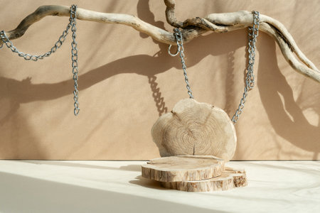 Composition empty podium material tree stone dry flowers. product presentation. background beige....