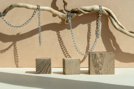 Composition empty podium material tree stone dry flowers. product presentation. background beige. Beautiful background from natural materialsの写真素材