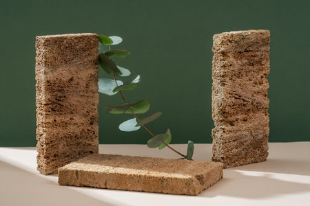 Podium for exhibitions and product presentations material stone, eucalyptus branch. Beautiful green...