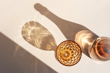 Different glasses for wine, cocktails, drinks, long sun shadow on a light beige background. The concept of wine tasting or summer vacationの写真素材