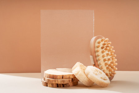 Pattern natural handmade soap of different sizes and colors. Peach background shadows of flowers...