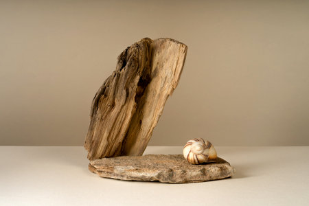 Podium for exhibitions and product presentations, material stone, wood. Beautiful beige background...