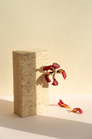 Podium for exhibitions and product presentations, material stone, wood, spring flowers. Beautiful...