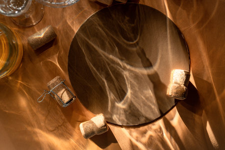 Different glasses for wine, cocktails, drinks, long sun shadow on a light beige background. The concept of wine tasting or summer vacationの写真素材