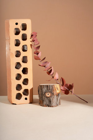 Composition empty podium material wood red eucalyptus dry flowers glass. Product presentation....