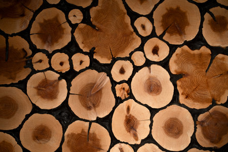 Background from round wooden trunks. Wooden logs and stumps. Winter stocks of firewoodの写真素材