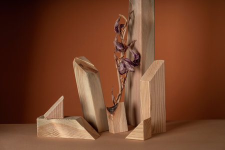 Composition empty podium material wood stone dry flowers. Product presentation. Background beige...