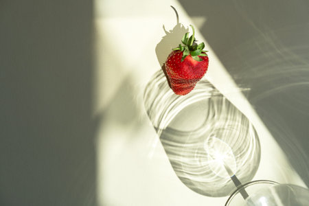 A strawberry in a wine glass with long sun shadow on a light beige background. The concept of summer vacationの写真素材