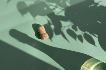 Different glasses for wine, cocktails, drinks, long sun shadow on a light green background. The concept of wine tasting or summer vacationの写真素材