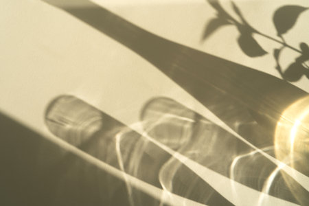 Different glasses for wine, cocktails, drinks, long sun shadow on a light beige background. The concept of wine tasting or summer vacationの写真素材
