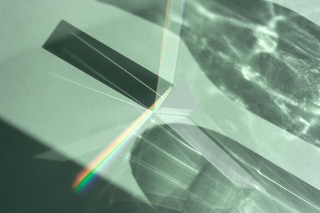 Abstract shadow sun glare from glass, empty background composition for product presentation. The background is green. Showcase Nude Studio Minimalの写真素材