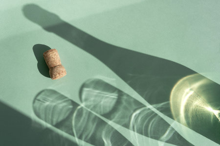 Different glasses for wine, cocktails, drinks, long sun shadow on a light green background. The concept of wine tasting or summer vacationの写真素材