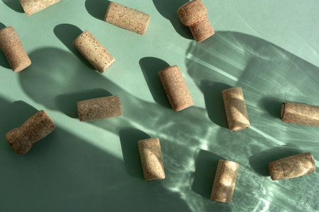 Different glasses for wine, cocktails, drinks, long sun shadow on a light green background. The concept of wine tasting or summer vacationの写真素材