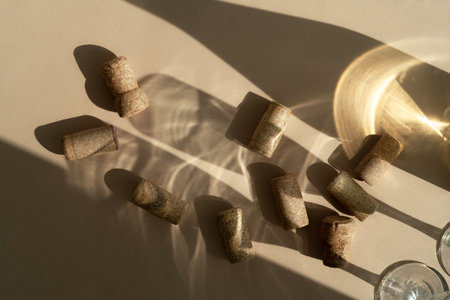 Different glasses for wine, cocktails, drinks, long sun shadow on a light beige background. The concept of wine tasting or summer vacationの写真素材
