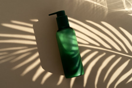 Dried flowers shadow bright sun glare cosmetic bottles. Product presentation. Beige background. Beautiful cosmetic background made of natural materials.の写真素材