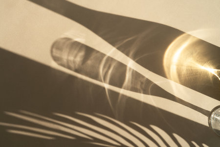 Different glasses for wine, cocktails, drinks, long sun shadow on a light beige background. The concept of wine tasting or summer vacationの写真素材