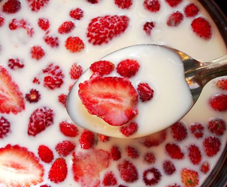 from a dish took a bit the spoon of berries and milk                               の写真素材