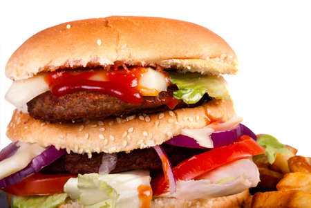 Hamburger with fries isolated on white backgroundの写真素材