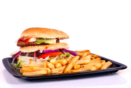 Hamburger with fries isolated on blue backgroundの写真素材
