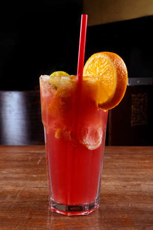 Refreshing lemonade on wooden table closeupの写真素材