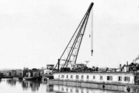 Damaged industrial boats at the bay outdoorsの写真素材
