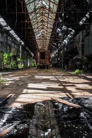 Some trains at abandoned train depotの写真素材