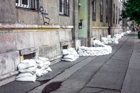 Sandbags at the flood closeup photoの写真素材