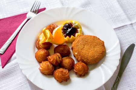 Food on white tableclothの写真素材