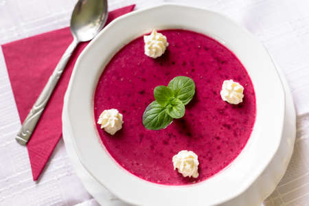 Food on white tableclothの写真素材