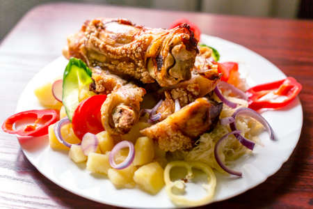 Delicious food on white plateの写真素材