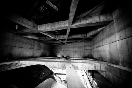 glass office buildings in wide angle view.Modern conceptual high tech building with abstract roof and stairsの写真素材