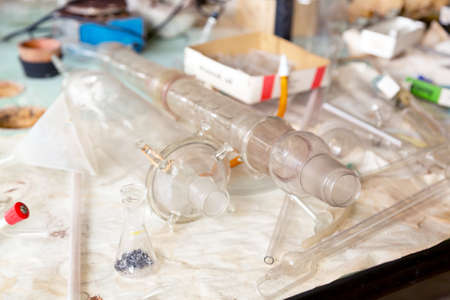 old laboratory with a lot of bottles and dirtの写真素材