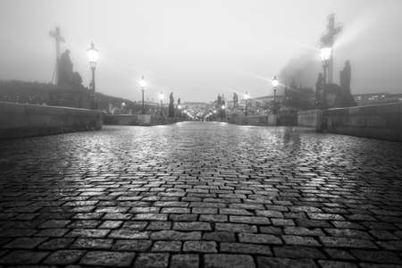 Charles Bridge in Prague at dawn Czech Republic in black and whiteのeditorial素材